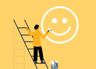 Man painting happy emoticon, illustration showcasing optimism