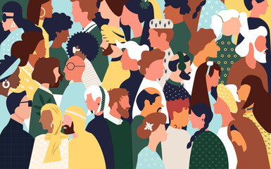 Flat illustration with inclusive and diverse crowded people all together showcasing intolerance