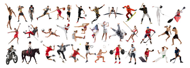Naklejka premium Collage made of various people, men and women, athletes of different sports in motion isolated on white background. Concept of professional sport, competition, tournament, dynamics
