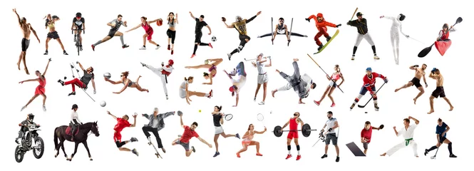 Fototapeten Collage made of various people, men and women, athletes of different sports in motion isolated on white background. Concept of professional sport, competition, tournament, dynamics © master1305