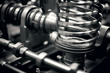 Close-up shot of a robust tension spring in an industrial setting, surrounded by various mechanical parts and tools under the harsh fluorescent light