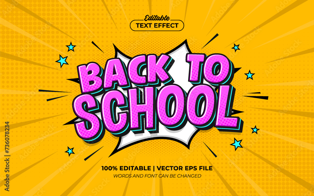 Wall mural Back To School 3d Cartoon Pop Art Editable Text Effect Template Style Vector