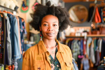 Obraz premium Confident young fashion shop owner at her boutique standing proudly. Female business clothing owner at her store. 