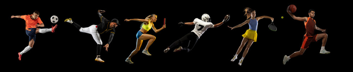 Collage made of various concentrated people, men and women, athletes of different sports in motion...
