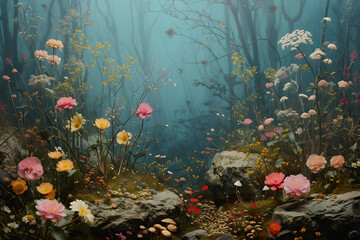 Fototapeta na wymiar Imaginary woodland filled with flowers, mushrooms, and fog, creating a magical and serene atmosphere.