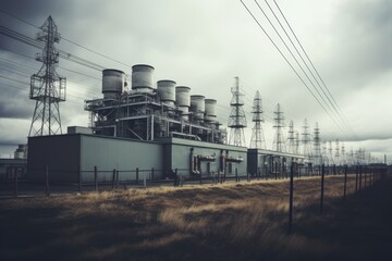 Obraz premium A Massive Power Transformer Nestled in an Industrial Landscape, Surrounded by a Network of High Voltage Power Lines Against a Cloudy Sky