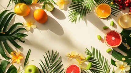 Tropical summer background with room for text, different fruits, greenery, and flowers placed so that light shadows fall on the background surface, assisting in maintaining some sum