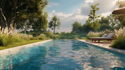Obraz premium Sunny, dreamy pool with summer garden and swimming pool