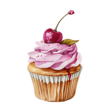 Watercolor cupcake with cherry on transparent background Remove png