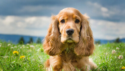 Cocker spaniel breed lying on a green lawn. The dog lies on meadow and looks towards the camera