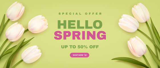 Spring special offer vector banner background with spring season sale text and tulip flowes. Can be used for web banners, wallpaper, flyers - obrazy, fototapety, plakaty