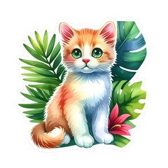 Watercolor Tropical Kitten Clipart