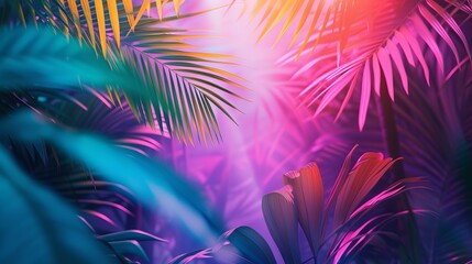 Fototapeta na wymiar Concept work with minimal surrealism with tropical and palm fronds in vivid, bold gradient holographic colors.