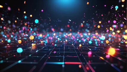 Video, abstract background. Bokeh and highlights of different colors on a dark blue background. AI generative.