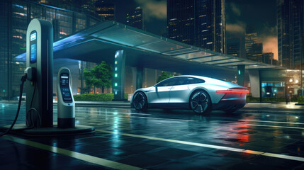 Fototapeta premium Electric car and charging station. Charging technology industry transport