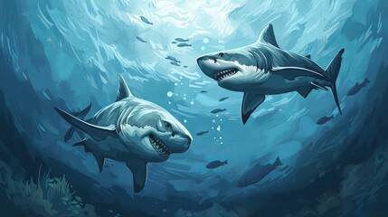 Fototapeta premium Two great white sharks circle beneath the waves.