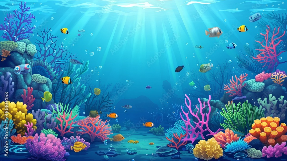 Wall mural underwater backdrop of a coral reef with vibrant fish and other marine life in a deep blue ocean