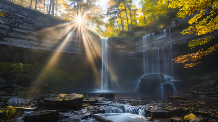 Enchanting Sunburst by Waterfall: Radiant Nature Scene with Glorious Sunlight Filtered Through Trees
