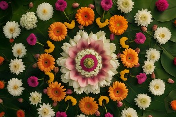 Fototapeta na wymiar overhead shot of mandala made from natural flowers