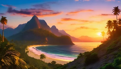 Photo sur Plexiglas Coucher de soleil sur la plage Beach and hill with beautiful sunset landscape 