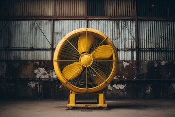 A large, industrial ventilation fan, painted in vibrant yellow, stands against a backdrop of weathered brick walls and rusty pipes in an old factory - obrazy, fototapety, plakaty