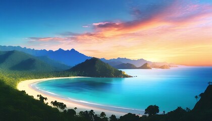 Firefly beach and hill at beautiful sunset; mountain valley landscape; nature banner trees and blue