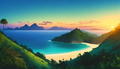 Firefly beach and hill at beautiful sunset; mountain valley landscape; nature banner trees and blue wallpaper 
