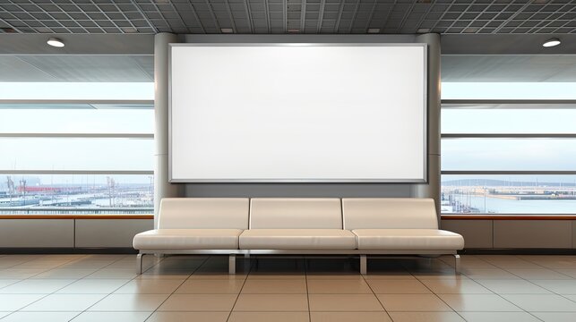 A detailed shot of a blank white billboard in an airport lounge area, with comfortable seating and large windows overlooking the runway in the background. The image focuses on the billboard as a focal