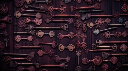Background with antique old keys in Rosewood color