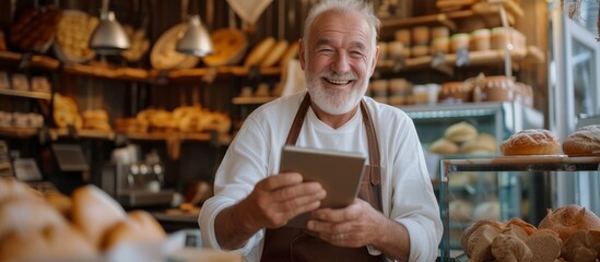 Young man using digital tablet in a modern bakery shop with freshly baked bread