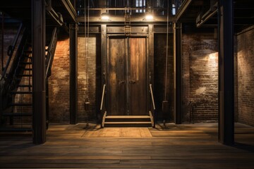 An industrial elevator in a rustic warehouse setting, with exposed brick walls and vintage wooden beams, bathed in the soft glow of ambient lighting