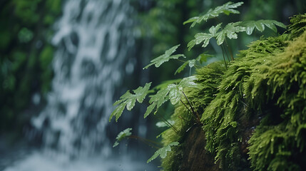 Lush Vegetation Macro: Close-Up Shot Revealing Intricate Details of Moss and Ferns Near Waterfall
