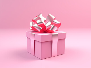 Pink gift box on a pink background with metallic ribbon and bow, exuding elegance and charm, perfect for celebratory occasions, greeting cards, or adding a touch of glamour
