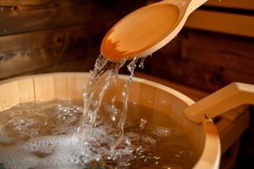 closeup of wooden ladle pouring water in sauna