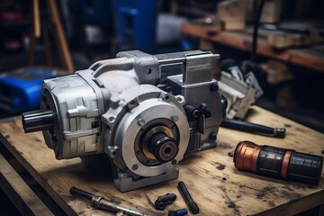 A Close-Up View of a Starter Motor, a Crucial Component in Starting Engines, Resting on a Rustic Wooden Workbench in an Old Garage Workshop - obrazy, fototapety, plakaty