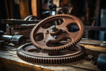 A close-up view of a rusty, vintage flywheel set against a backdrop of weathered wooden planks and scattered industrial tools