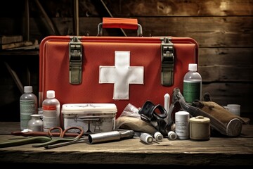 A Comprehensive First Aid Kit Laid Out on a Rustic Wooden Table, with an Industrial Background of Weathered Metal and Aged Machinery