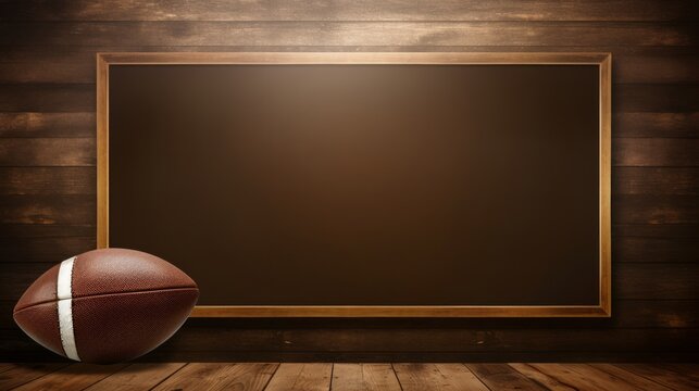 Mockup with American football ball on wooden background. Neural network AI generated art