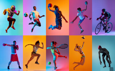 Collage made of young people, men and women, athletes of different sports in motion against multicolored background in neon light. Concept of professional sport, competition, tournament, dynamics - obrazy, fototapety, plakaty