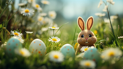 Funny bunny with easter eggs on a green meadow with sunlight, Generative AI - 736084485