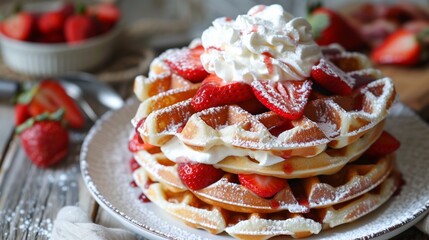 A stack of fluffy waffles topped with fresh strawberries, whipped cream - obrazy, fototapety, plakaty
