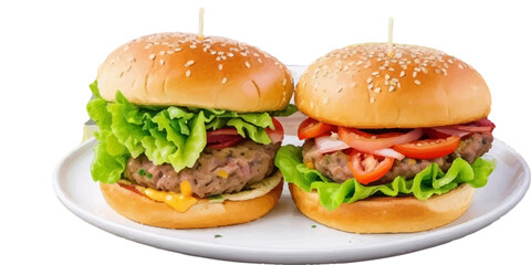 Transparent Closeup of juicy Pulled beef burger with tasty cutlet slices of tomatoes lettuce hamburger with bread, tomato and cucumbers between soft roasted buns in restaurant isolated on a background