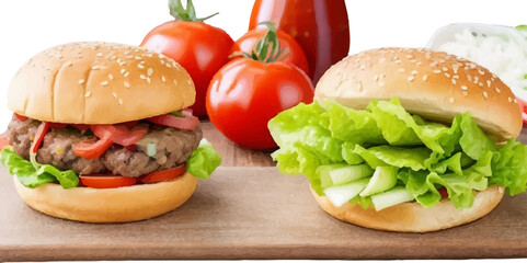 Transparent Closeup of juicy Pulled beef burger with tasty cutlet slices of tomatoes lettuce hamburger with bread, tomato and cucumbers between soft roasted buns in restaurant isolated on a background