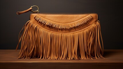 A bohemian fringe clutch for women, artisan craftsmanship, and a fringe trim, mockup, displayed on a matte clay background - obrazy, fototapety, plakaty