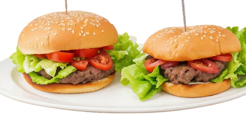 Transparent Closeup of juicy Pulled beef burger with tasty cutlet slices of tomatoes lettuce hamburger with bread, tomato and cucumbers between soft roasted buns in restaurant isolated on a background