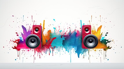 a minimalist flat 2D vector style speaker on the left side of a widescreen canvas, with a few simple geometric music notes emerging from it and floating across to the right, creating a dynamic flow of