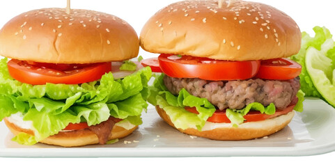 Transparent Closeup of juicy Pulled beef burger with tasty cutlet slices of tomatoes lettuce hamburger with bread, tomato and cucumbers between soft roasted buns in restaurant isolated on a background