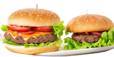 Transparent Closeup of juicy Pulled beef burger with tasty cutlet slices of tomatoes lettuce hamburger with bread, tomato and cucumbers between soft roasted buns in restaurant isolated on a background