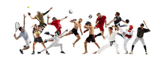 Collage made of competitive people, men and women, athletes of different sports in motion isolated...