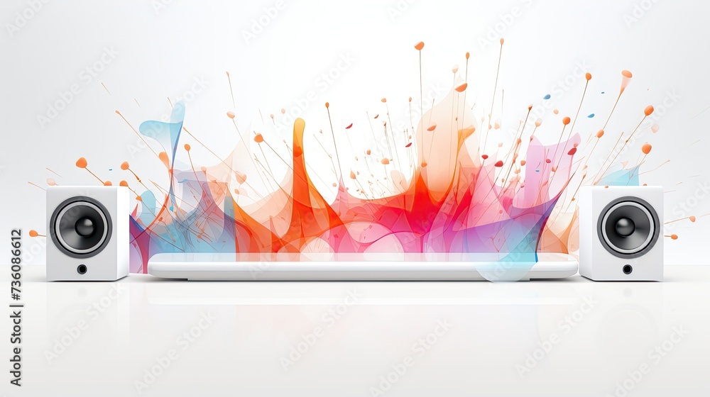 Poster a minimalist flat 2d vector style speaker on the left side of a widescreen canvas, with a few simple